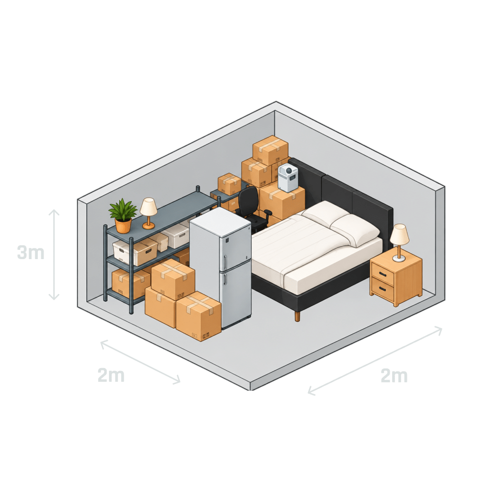 Opslagbox S van 6 m2 met 63 verhuisdozen, een bed, een lage koelkast en een stelling