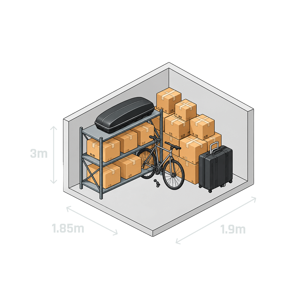 Opslagbox XS van 3,5 m2 met 56 verhuisdozen, een stelling, een dakkoffer en een fiets