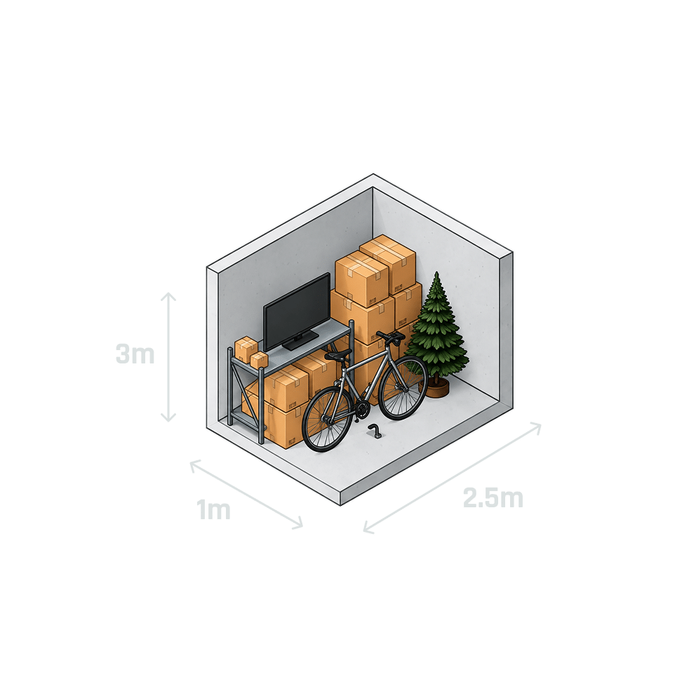 Opslagbox XXS van 2,5 m2 met 42 verhuisdozen, een fiets en een kerstboom